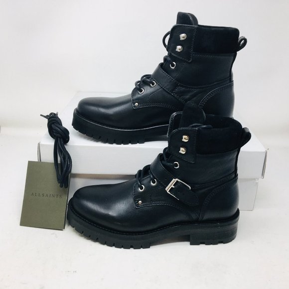 ALLSAINTS Paulina Genuine Black Leather Buckle Ankle Boots Size 7 M - Medium